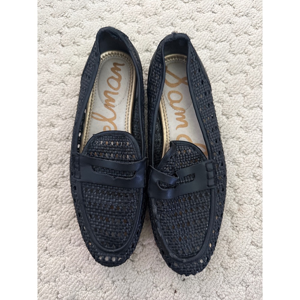 Sam Edelman Loraine Black Woven Raffia Penny Loafers Womens 7.5 Slip On Flat